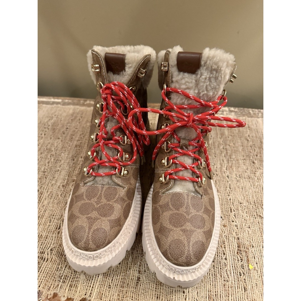 Coach Janel Signature Logo Print Shearling Accent Lug Sole Hiker Booties Sz-8.5 - Picture 10 of 14